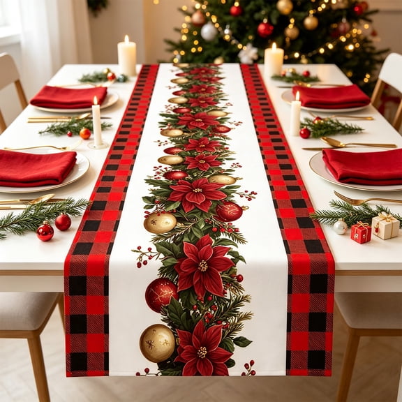 Cififendec Christmas Buffalo Plaid Table Runner, 72"×13", Xmas Poinsettia Pine Cone Printed Decorative Table Runner for Dining Table Kitchen Party