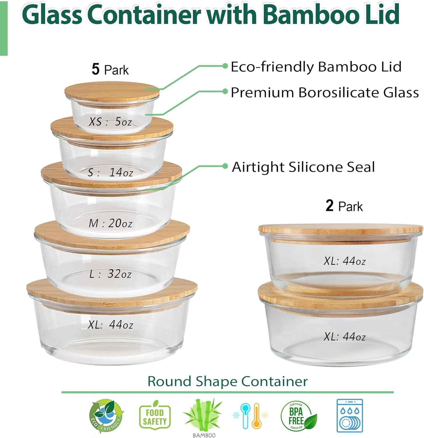 Urban Green Glass Bamboo Lids, Meal Prep Containers Food storage, 5 Pack,  Pantry Kitchen Fridge Cabinet Organizer, Lunch box, Bu