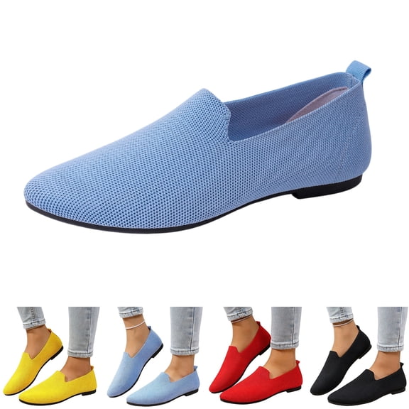EKVAHL Women's Knit Slip-On Flats, Pointed-Toe Ballet Shoes, Breathable Lightweight Casual Shoes in Multiple Bright Colors Blue