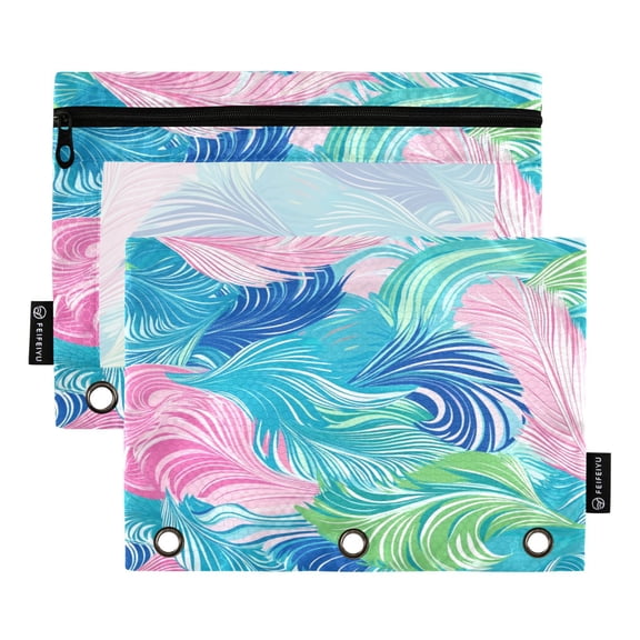 2 Pack 3 Ring Binder Pouch with Clear PVC Window Water Resistant Zipper Pencil Pouch Colorful Leaves Binder Pocket for Classroom Office Home Stationery Organization