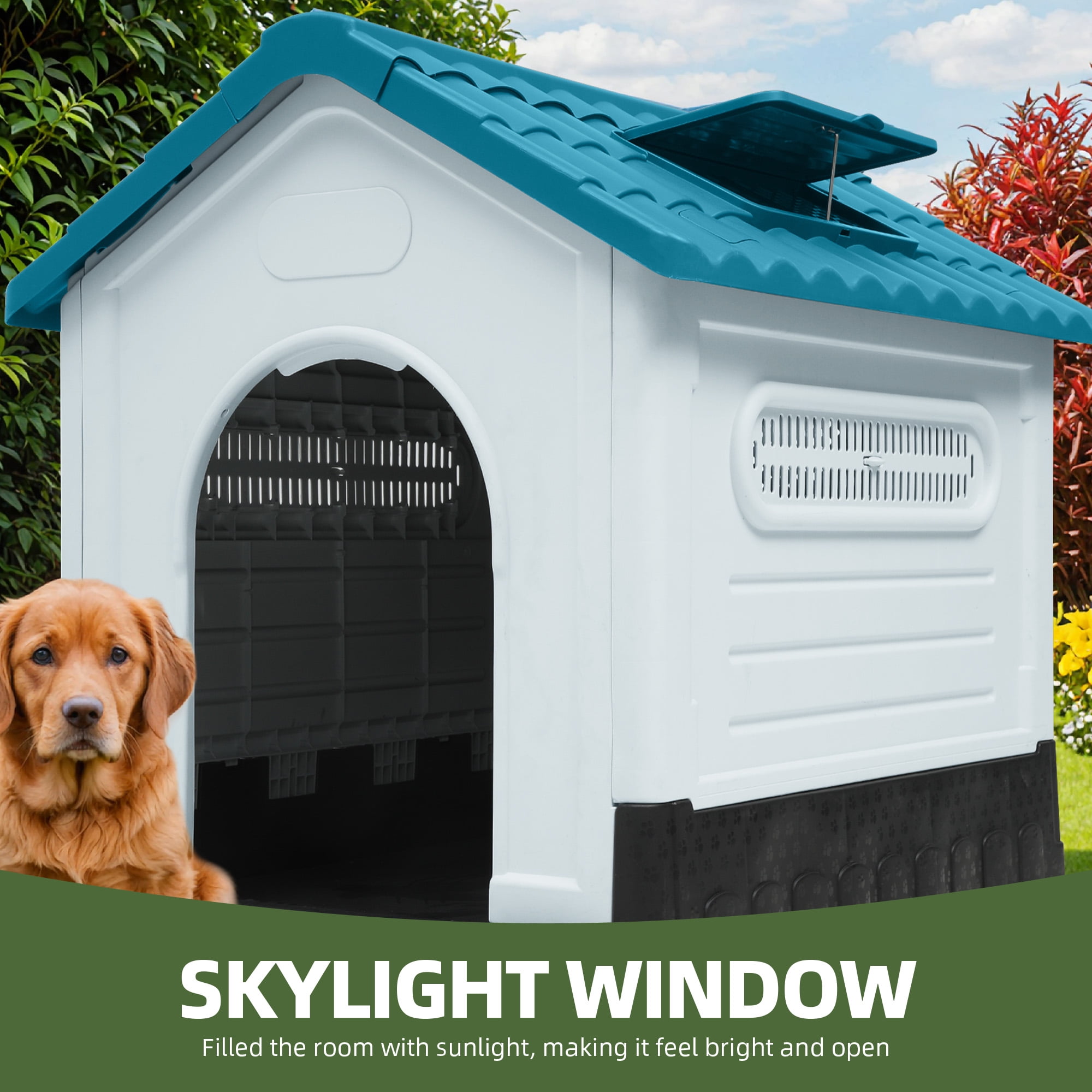 Uforic Large Foldable Plastic Dog House with Air Vents and Elevated Floor, Outdoor Indoor Waterproof Doghouse Puppy Shelter,Blue,41.3''Lx 34.6''Wx 39''H