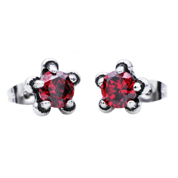 Mens Stainless Steel Claw Earrings With Red Cubic Zirconia