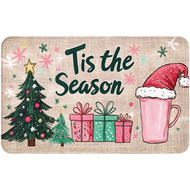 CSWMZQZY Christmas Doormat,Tis The Season,Pink Front Door Entrance Washable Bedroom Rug,Winter Holiday Decor Low Profile Nursery Rug for Kitchen Dorm Bathroom 20x31 Inch