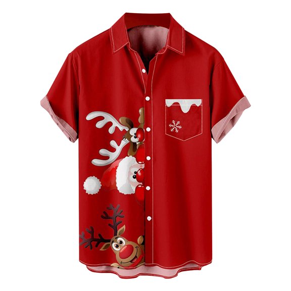 Mens Christmas Santa Gift 3D Digital Printing Button Lapel Short Sleeve Shirt T Shirt Top Blouse