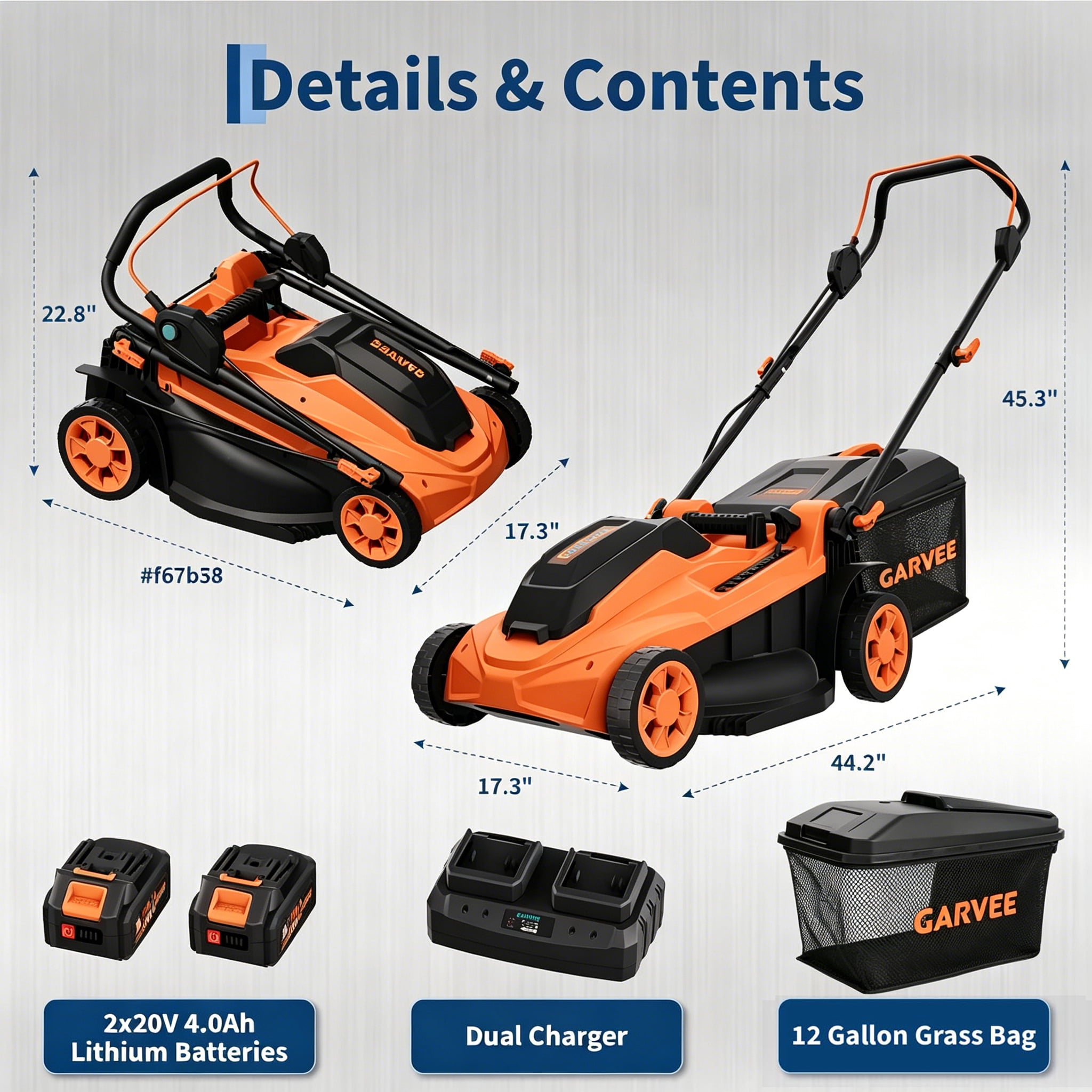 GIMMYFIVE 17 in Cordless Lawn Mower, Brushless Motor, 2 x 20V 4.0Ah Batteries, Bagging and Mulching