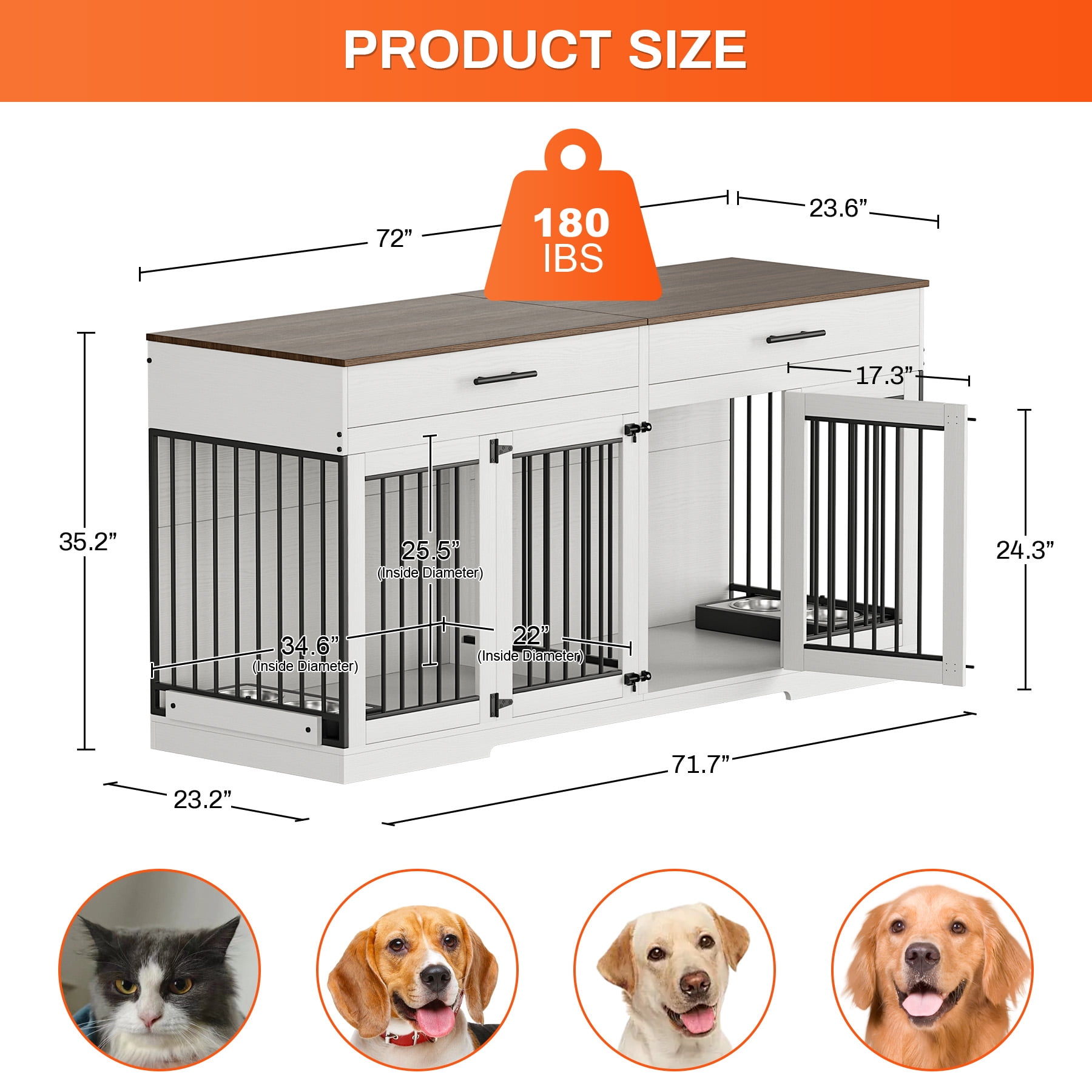 Rophefx 72" Dog Crate Furniture for 2 Dogs,Large Kennel with 2 Drawers and 4 Bowls,Wooden Heavy Duty Indoor Dog House,White