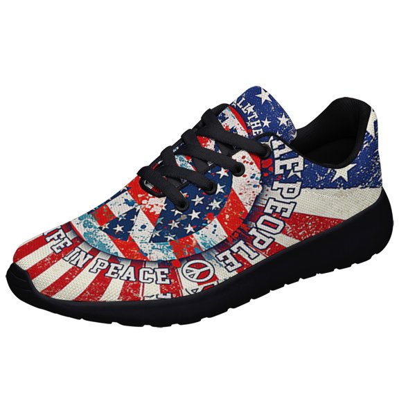 Happy 4th of July Imagine All The People Living Life In Peace Hippie American flag Shoes Sneakers Black Size 3.5