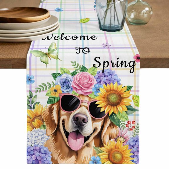 Table Runner 48 Inches Long for Kitchen Dining, Spring Dog Dresser Scarf Farmhouse, Dining Table Decorations for Wedding/Parties, Vintage Watercolor Botanical Floral Sunflower 13 x 48 In