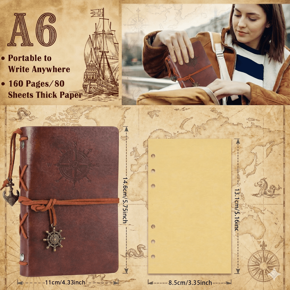10-Pack A6 Vintage Nautical Travel Journals, Refillable Faux Leather Writing Notebooks with 6-Ring Binder, 80 Sheets 80GSM Blank Kraft Paper, Retro Explorer Charms