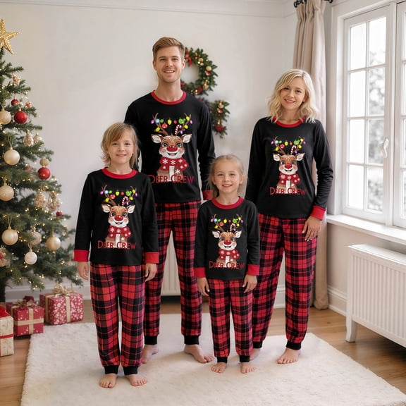 AIGUR Family Matching Christmas Pajama Set Christmas Reindeer Print Long Sleeve Tops with Plaid Pants 2Pcs Family Sleepwear
