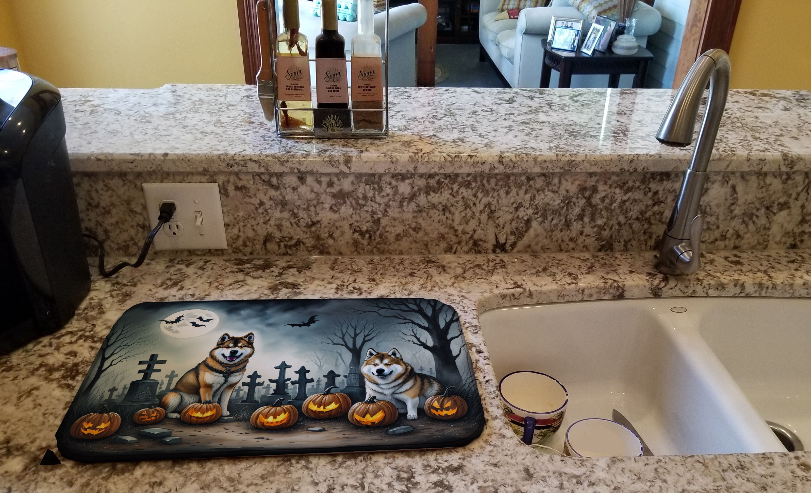 Akita Spooky Halloween Dish Drying Mat Absorbent Dish Drying Mat Pad for Kitchen Counter Dish Drainer Mat for Countertop, 14 x 21"