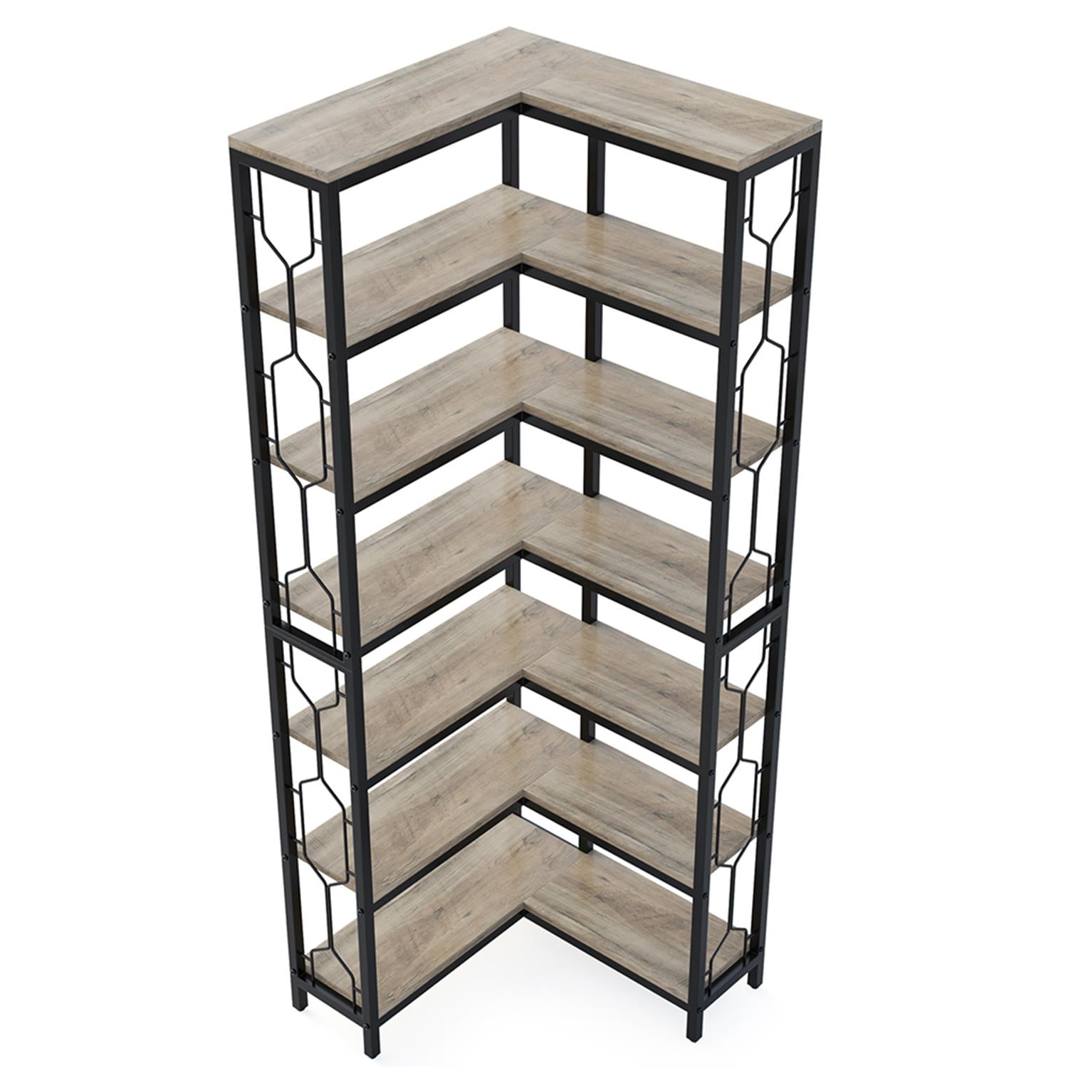 Demi Bonn 7 Tier Corner Bookshelf, Wood and Metal Bookcase Storage Organizer,dustrial Display Standing Shelf Unit for Bedroom, Living Room, Gray