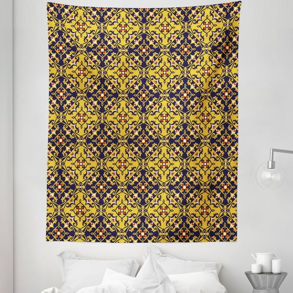 Mosaic Tapestry, Ethnic Traditional Floral Pattern of Continuous Orient Motifs, Fabric Wall Hanging Decor for Bedroom Living Room Dorm, 5 Sizes, Mustard and Dark Indigo, by Ambesonne