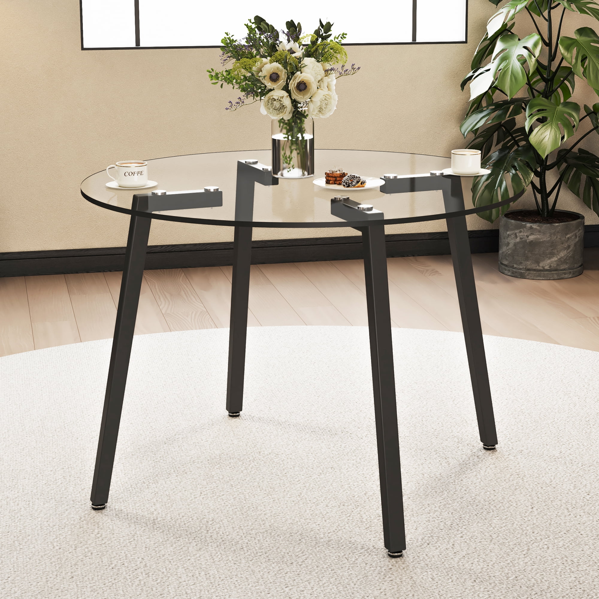Glass Dining Table 42 Inch Round, Tempered Glass Tabletop with Black Metal Legs, Modern Round Coffee Table for Kitchen, Dining Room and Living Room, Clear Tempered Glass Table, Easy Assembly