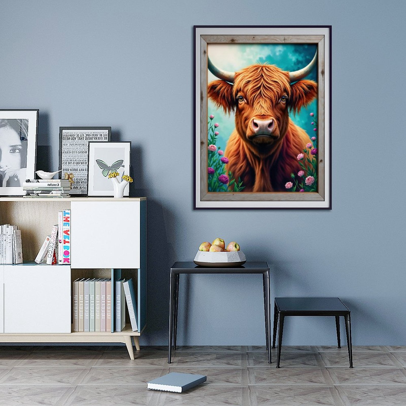Diamond Art Kit for Adults, Floral Cow Portrait Framed Art Diamond Painting for Adults Beginners, 5D DIY Diamond Art Painting Kits, Colorful Diamond Painting Craft for Home Decor 12x16
