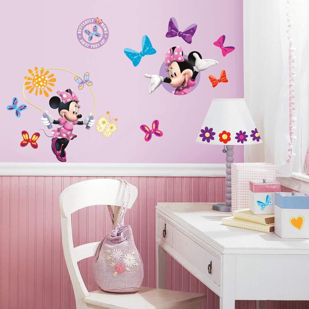 33 Piece Kids Pink Purple Girls Minnie Mouse Wall Decals Set, Disney Themed Wall Stickers Peel Stick, Bows Animated Cute Flower Floral Cartoon Animals Butterflies Decorative Graphic Mural
