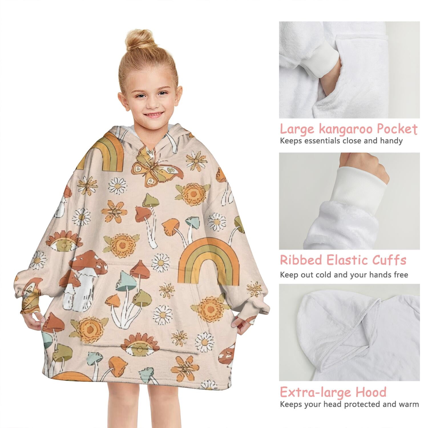 Red Mushroom Rainbow Light Pattern Blanket Hoodies for Kids 6-13YR Oversize Wearable Blanket Hoodies for Boys Girls Teens