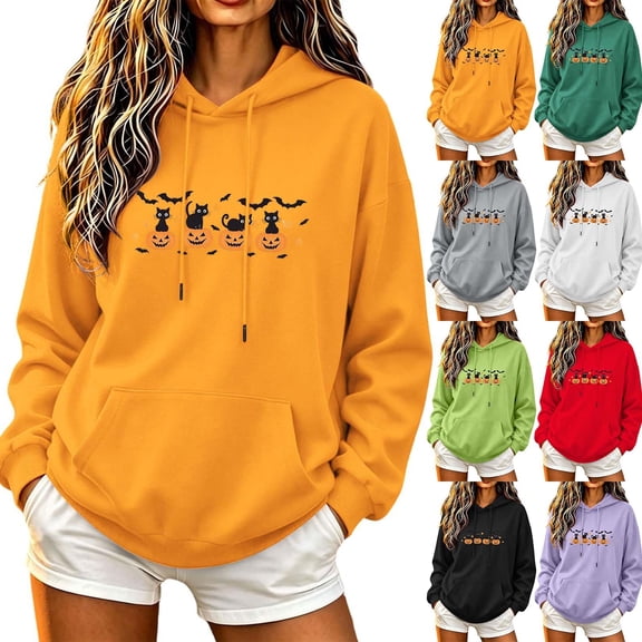 Jsaierl Womens Halloween Sweatshirts Spooky Ghost Graphic Pullover Hoodies Stretch Work Long Sleeve Sweater Tops Halloween Costumes, Sizes S-2XL