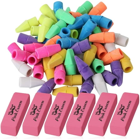 Mr. Pen- Pencil Erasers Set, 6pc Pink Erasers and 60pc Pencil Top Erasers