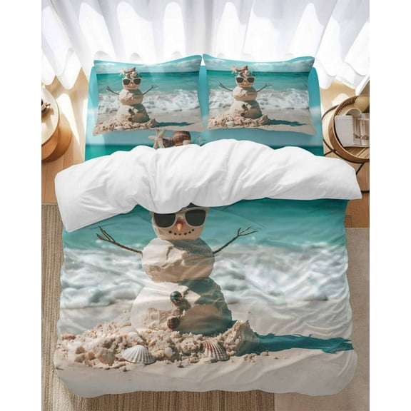 Christmas Ocean Bedding Duvet Cover Set Queen Size 4 Pieces Beach Shell Starfish Snowman Bedding Set with Zipper Closure, 1 Comforter Cover 90x92 Inches 1 Flat Sheet & 2 Pillow Cases