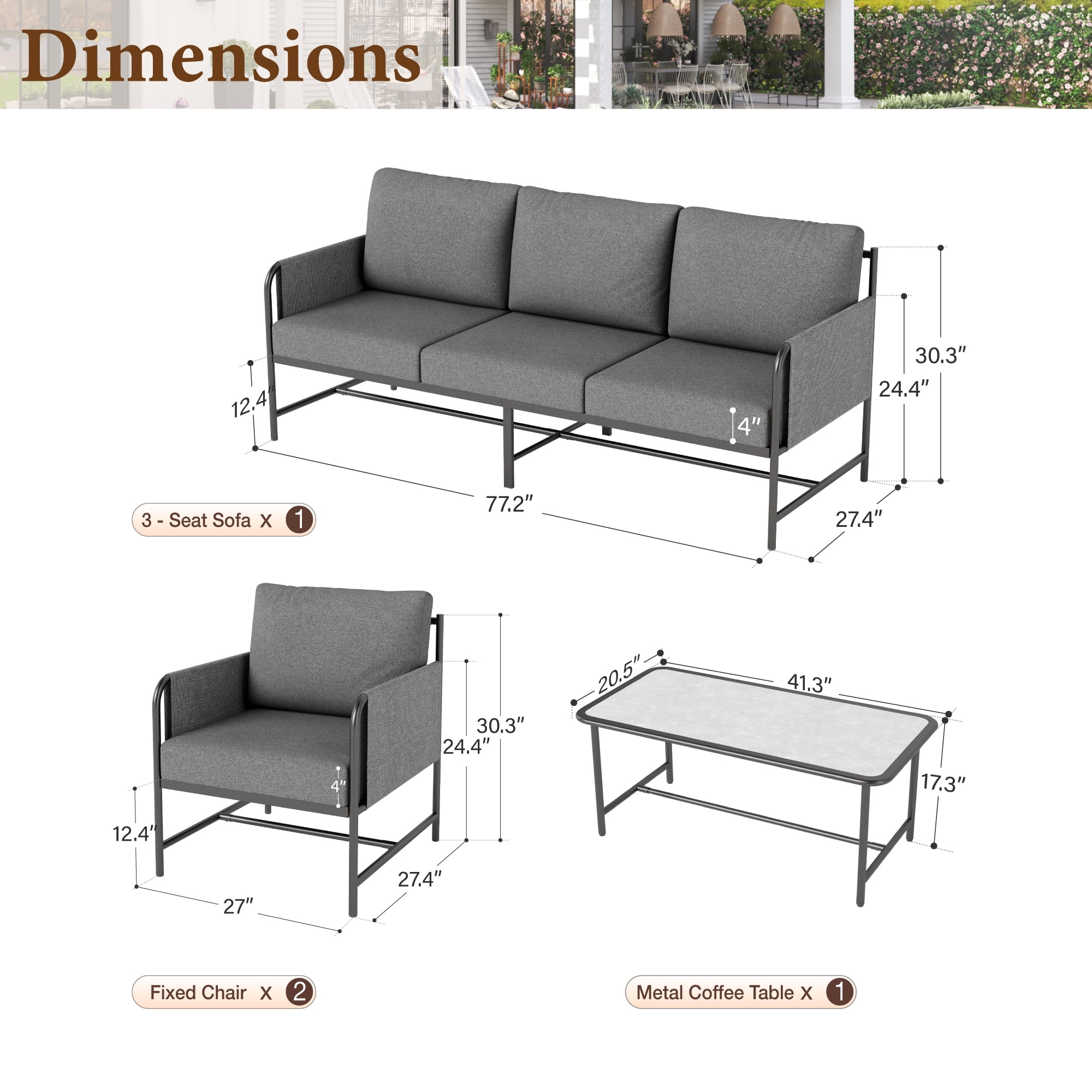 SUMMIT LIVING 5-Seat Modern Minimalism Patio Furniture Set with Coffee Table, Metal Patio Conversation Set with Wide & Deep Seat, Gray