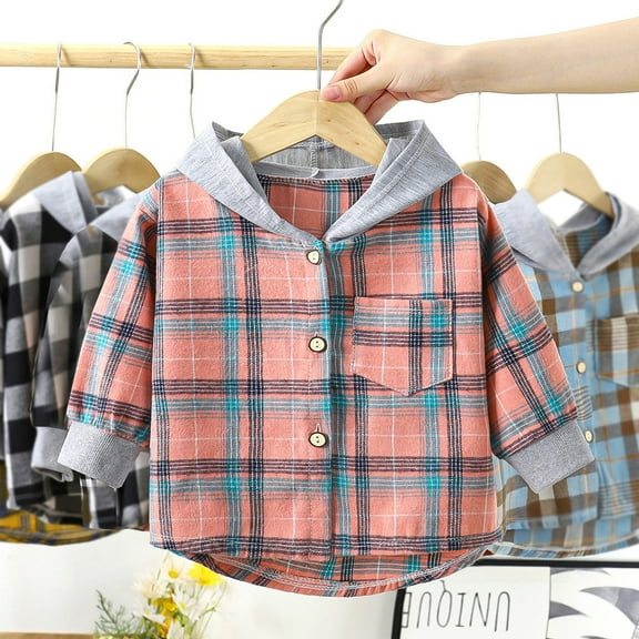 Baby Toddler Boys Long Sleeve Shirt Flannel Buffalo Plaid Shirts Button Down Jacket Top Outfit Fall Winter Clothes,Toddler Boys Girls Long Sleeve Hooded Plaid Clothes Kids Button Down Shirt