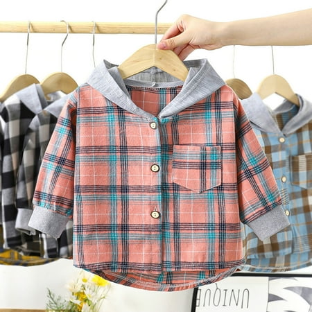 

CHAOLEI Toddler Boys Girls Long Sleeve Hooded Plaid Clothes Kids Button Down Shirt -Pink 10-11 Years