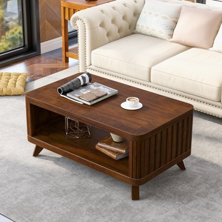 Rectangular Wood Coffee Table for Living Room - Pine - Solid Wood Legs and Spacious Storage - Living Room Porch - Family-Friendly Durable