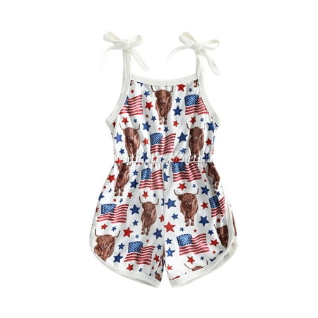 

xkwyshop Baby Girls 4th of July Romper Stars Stripe USA Flag Spaghetti Strap One Piece Jumpsuit Shorts Summer Outfits White 18-24 Months