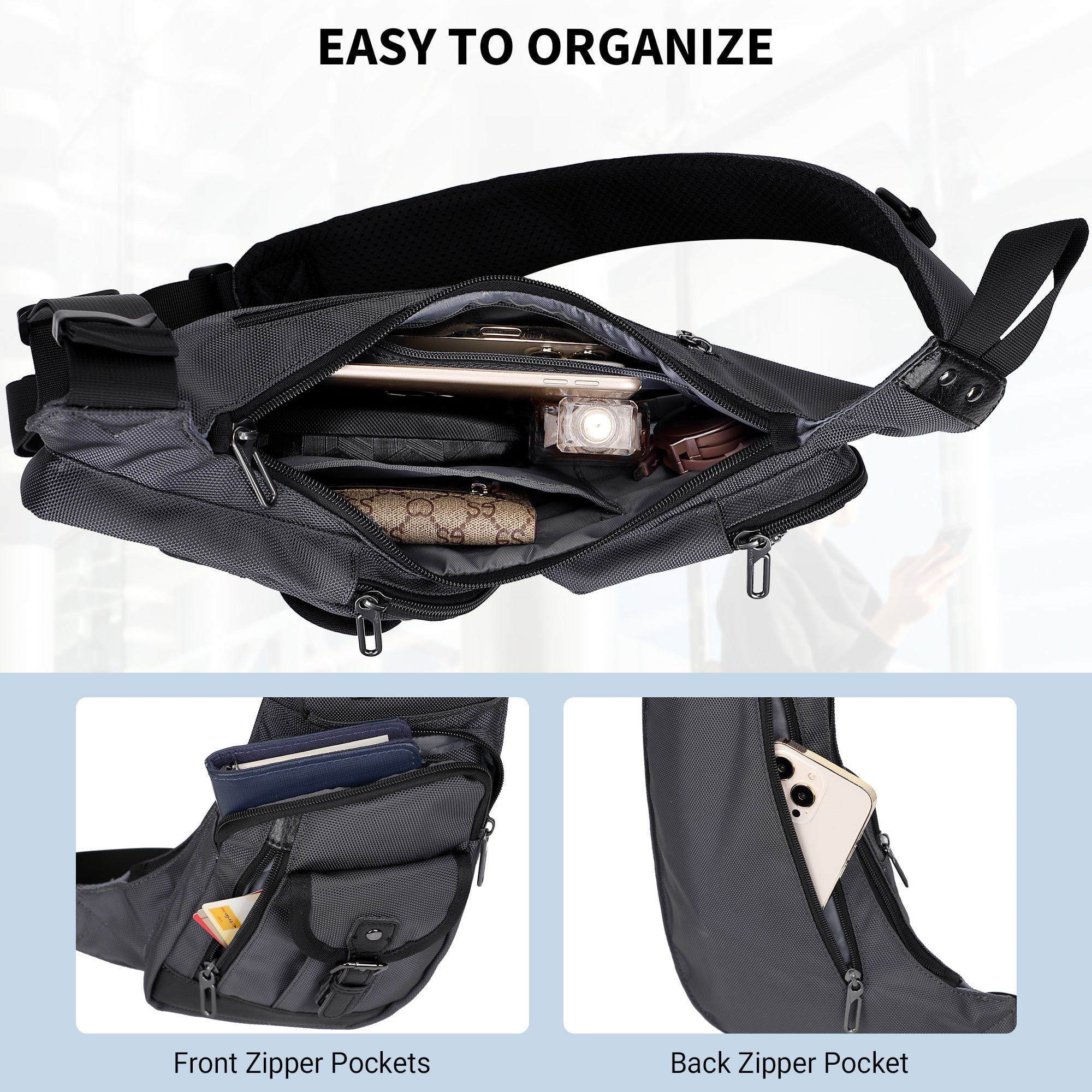 WITZMAN Sling Bag for Men Crossbody Bag Travel Sling Backpack Slim Chest Bag Lightweight Casual Daypac (B702 Silvery Grey)