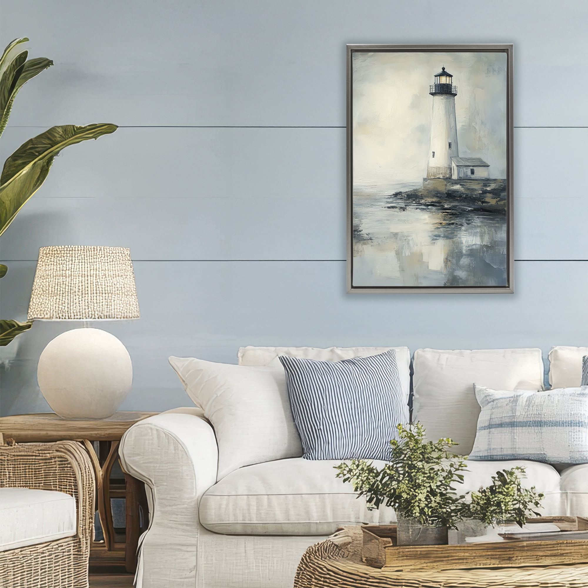 Stupell Industries Moody Lighthouse Reflecting Gray Framed Floater Canvas Wall Art, design by Petal Prints Design