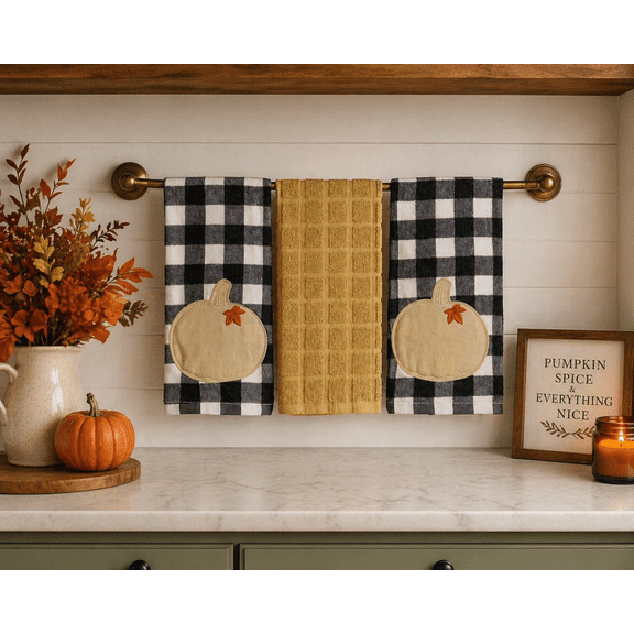 Serafina Home Farmhouse Fall Decor Kitchen Dish Towels Set: Two (2) Grey and White Check Pattern with Tan Pumpkin Applique