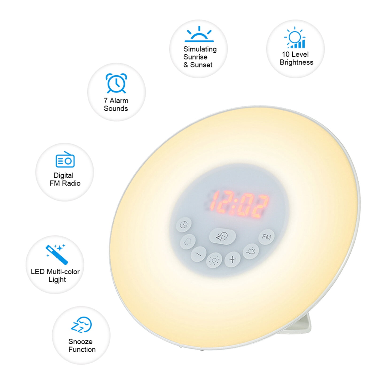 Leyfeng Wake Up Light Alarm Clock Sunrise/Sunset Simulation Digital Clock with FM Radio 7 Colors Light Nature Sounds Snooze Function Touch Control