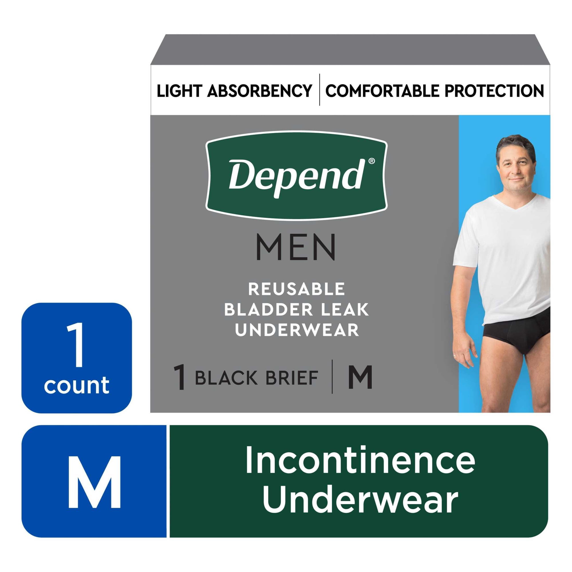 Depend Washable Adult Incontinence Underwear for Men, Reusable, Light Absorbency, Medium, Black, 1 Count
