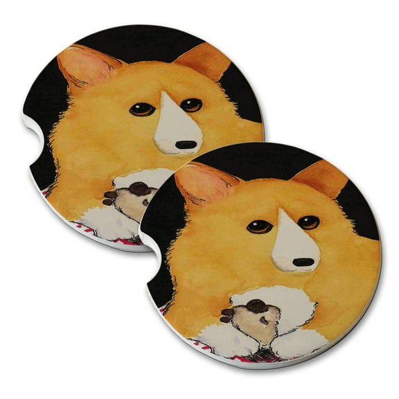 KuzmarK Sandstone Car Drink Coaster (set of 2) - Welsh Corgi with Toy Sheep Dog Art by Denise Every