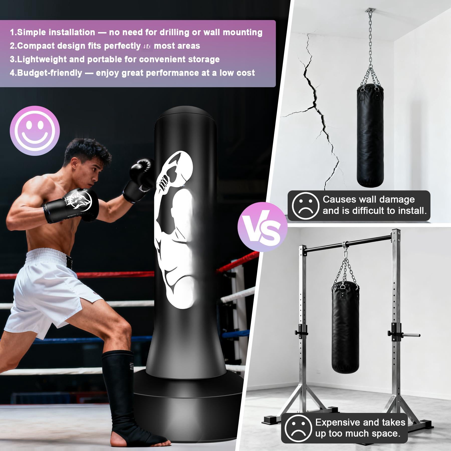 Freestanding Punching Bag With Gloves  70'' Superior Boxing Stand For Adults & Teens No Drill Kickboxing Bags Men Women Beginners Mma Muay Thai Karate Home Fitness