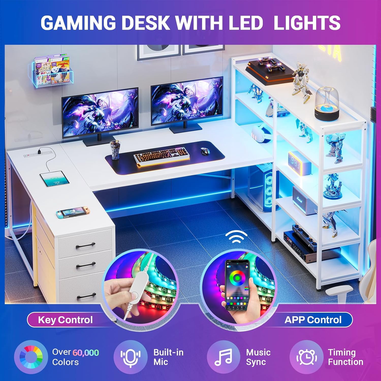 White 64.5" Reversible Office Desk with Fabric File Drawer, Computer Desk with Storage Bookshelf and Drawers, Corner Computer Desk with Power Outlet & LED Strip