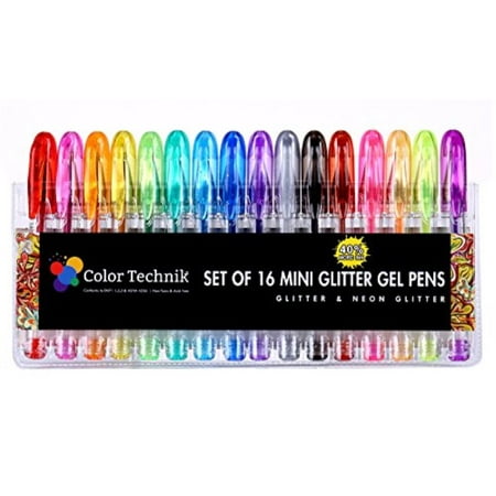 Glitter Gel Pens by Color Technik, Set of 16 Mini Glitter and Neon Glitter Pens, Best Assorted Colors, No Duplicates, 40 More (Best Gel Pen In India)