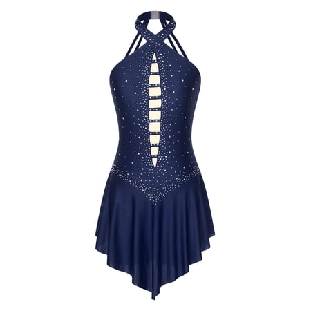 Eandarui Womens Sparkly Rhinestones Lyrical Dance Costume Sleeveless Halter Neck Figure Ice Skating Navy Blue L