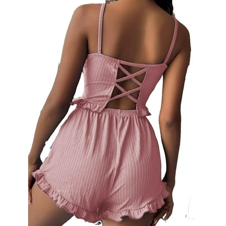 

2pcs Set Casual Cami Short Sets Sleeveless Dusty Pink Women s Pajama Sets (Women s)