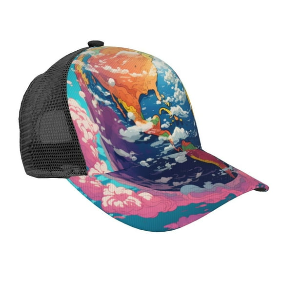 Zufioo Colorful Whimsical Earth Print Mesh Baseball Cap, Adjustable Sport Travel Hat Accessory for Men and Women