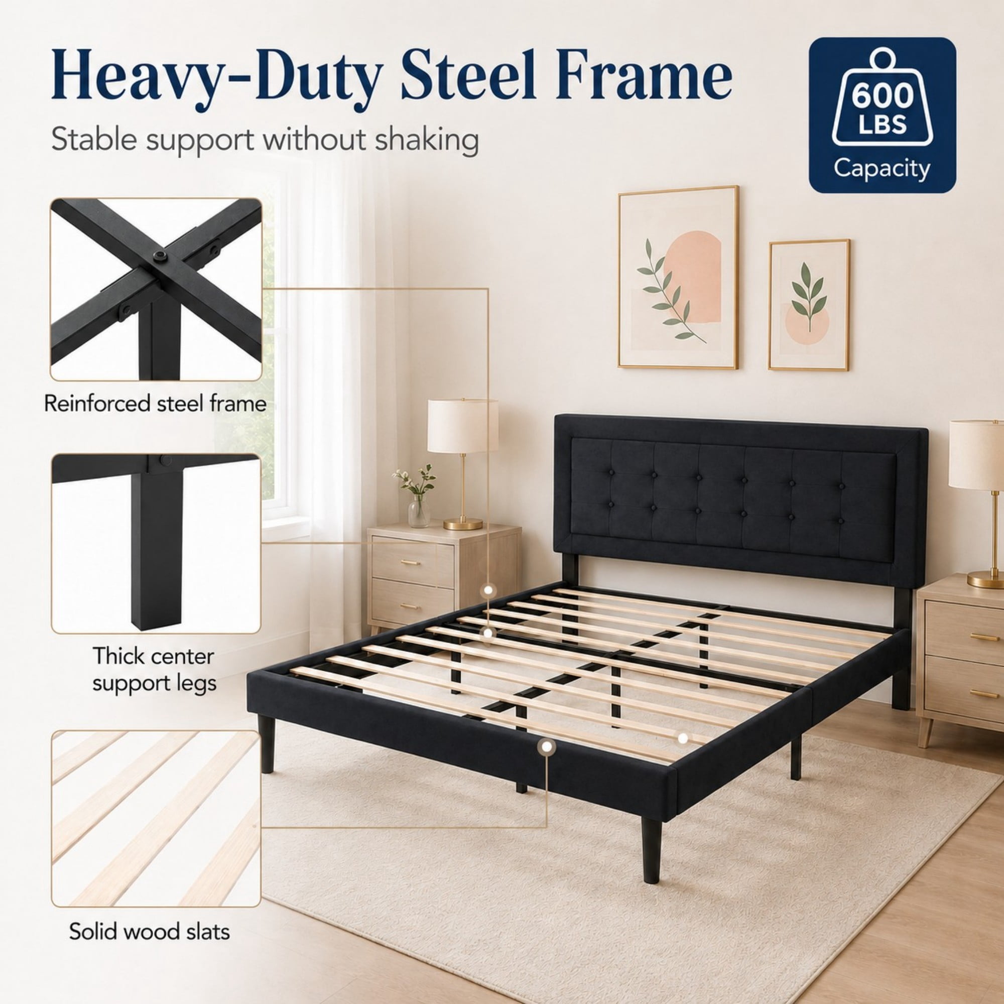 DEALTOPS Full Size Velvet Platform Bed Frame, Upholstered Tufted Headboard, No Box Spring, Black