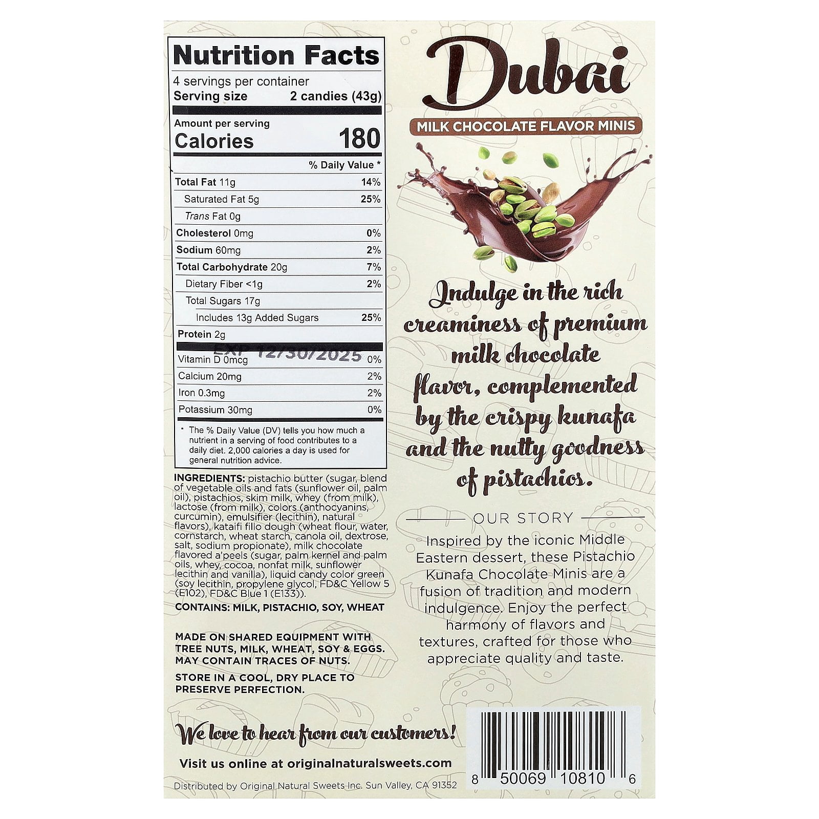 Original Natural Sweets Dubai Milk Chocolate Minis, 8 Pieces, 6 oz (170 g)