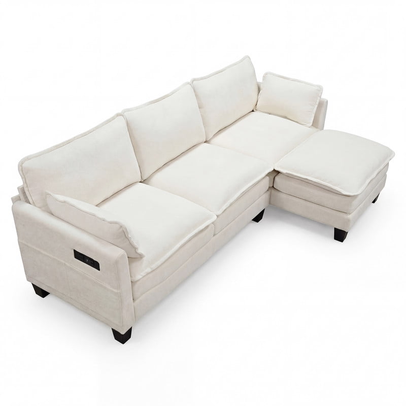 Modern 110"W Chenille L-Shape Sectional Sofa Set,3-Seat Sofa Couch + Ottoman, USB Port, Side Pocket