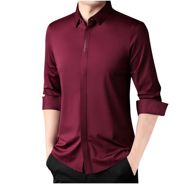 LNWUY Chemises à Manches Longues pour Hommes Séchage Rapide Performance Printemps Automne Couleur Unie Rembourré Chaud Confortable Col Rabattu Chemises Rouge TTTTG