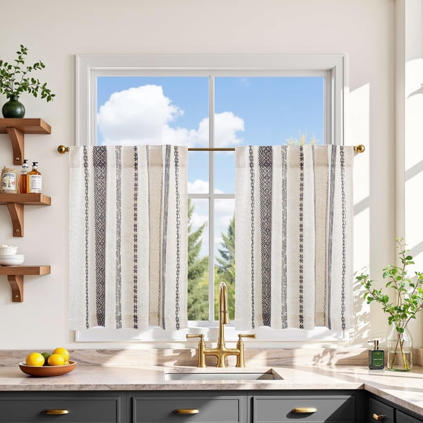 Cortinas Jinchan Boho de Lino 24" con Patrón Geométrico Negro, 2 Paneles