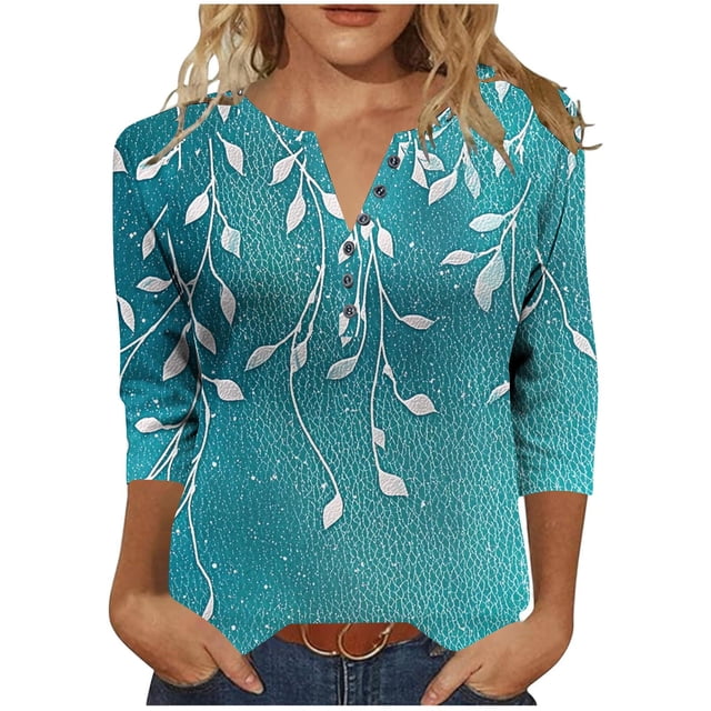 Tejiojio 3/4 Length Seelve Shirts for Women Casual Printed Crewneck Blouse Loose Fit Summer Top