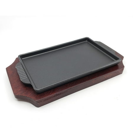 Plate Hangers For Large Platters The Elixir Retangle Cast Iron Steak Platter Sizzling Plate Griddle with Wooden Base Steak Pan Grill Fajita Server Plate ()
