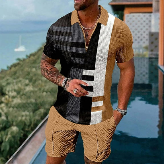 Vedolay Short Sets Men 2 Piece Outfit Mens Summer Outfit 2 Piece Set Shirts and Shorts Stylish Casual Sweatsuits,Khaki L