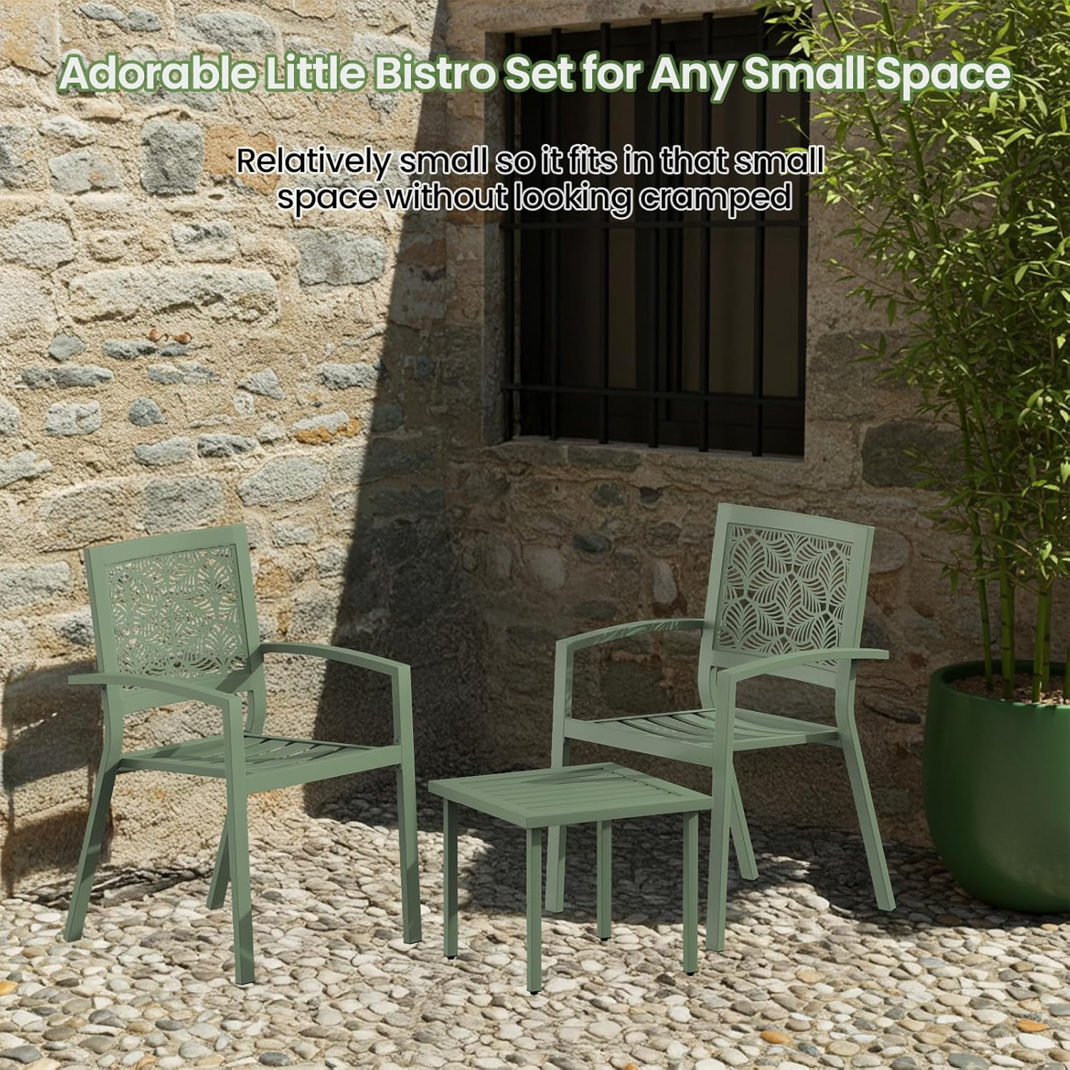 3 Piece Patio Bistro Set, Outdoor Steel Furniture Set, Stackable Modern Conversation Sets for Balcony Garden Deck Patio w/2 Chairs 1 Table, Sauge Green